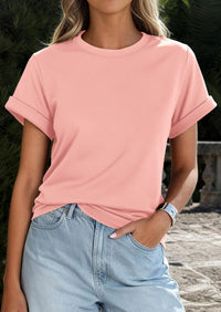 PRETTYGARDEN Womens Summer Tops Spring Casual Rolled Short Sleeve Basic Tees Crew Neck Work Shirts Fashion Clothing PRETTYGARDEN