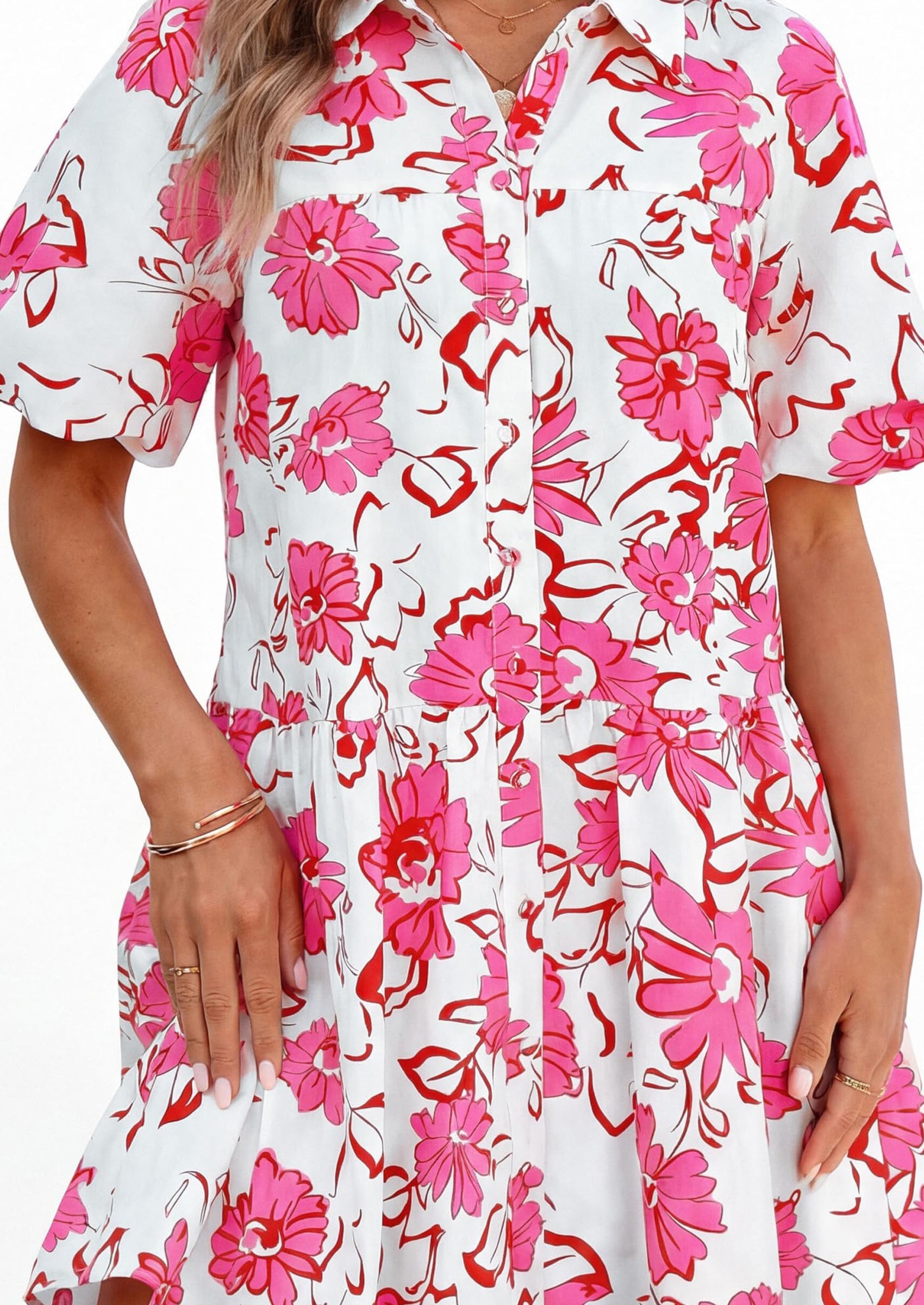 PRETTYGARDEN Womens Summer Dresses 2026 Casual Puff Sleeve Button Down Mini Shirt Dress Boho Floral Babydoll Sun Dress PRETTYGARDEN