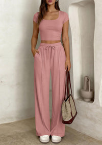 PRETTYGARDEN Women's 2 Piece Matching Lounge Sets Ribbed Short Sleeve Crop Tops Wide Leg Pants Summer Airport Outfits PRETTYGARDEN