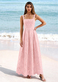 PRETTYGARDEN Womens Sleeveless Maxi Summer Dresses Hollow Out Eyelet Square Neck Ruffle Flowy Beach Vacation Sundress PRETTYGARDEN