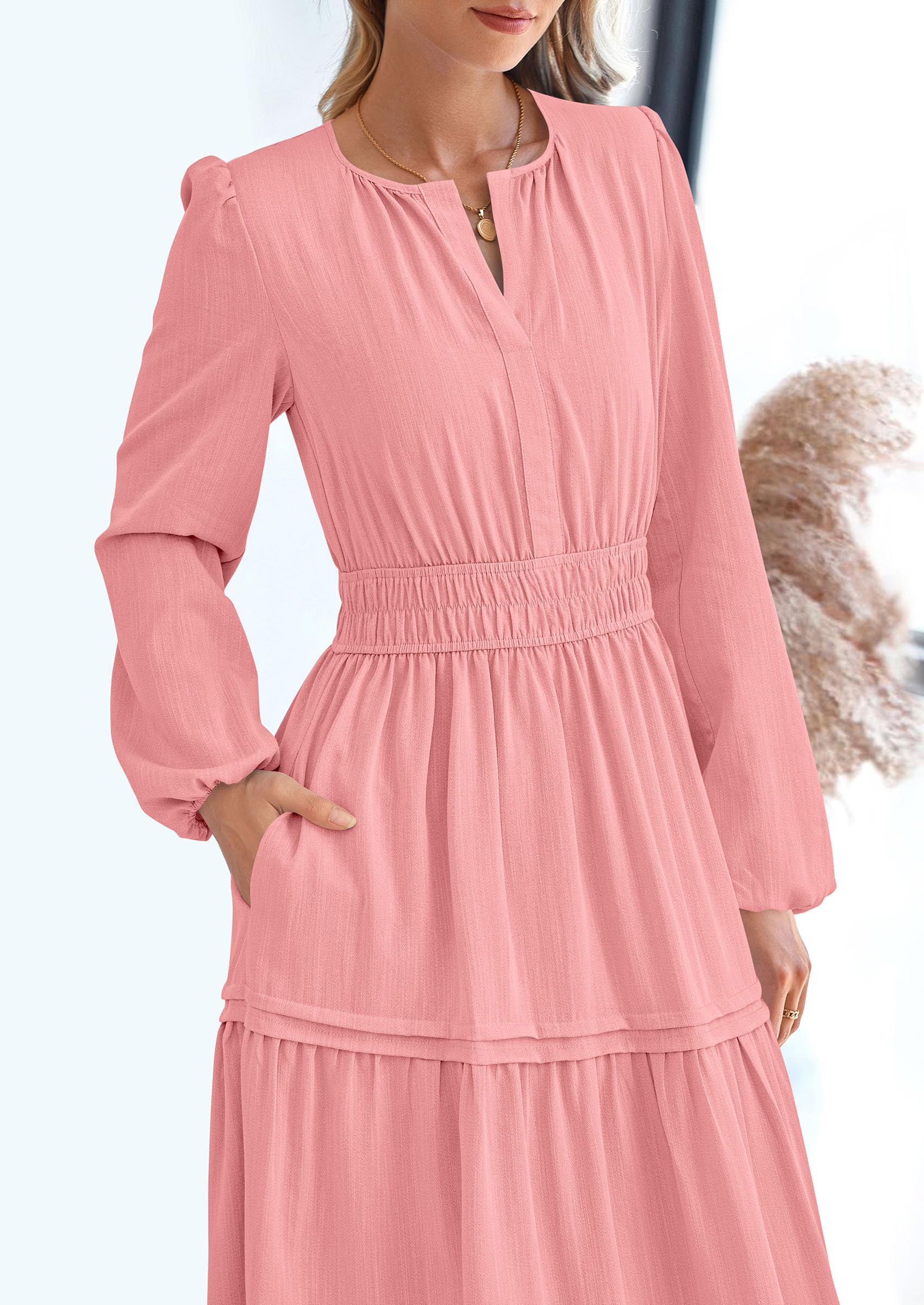 PRETTYGARDEN Women's Elegant Maxi Dresses Long Sleeve V Neck Flowy Pockets Casual Modest Dress Fall Fashion Clothes