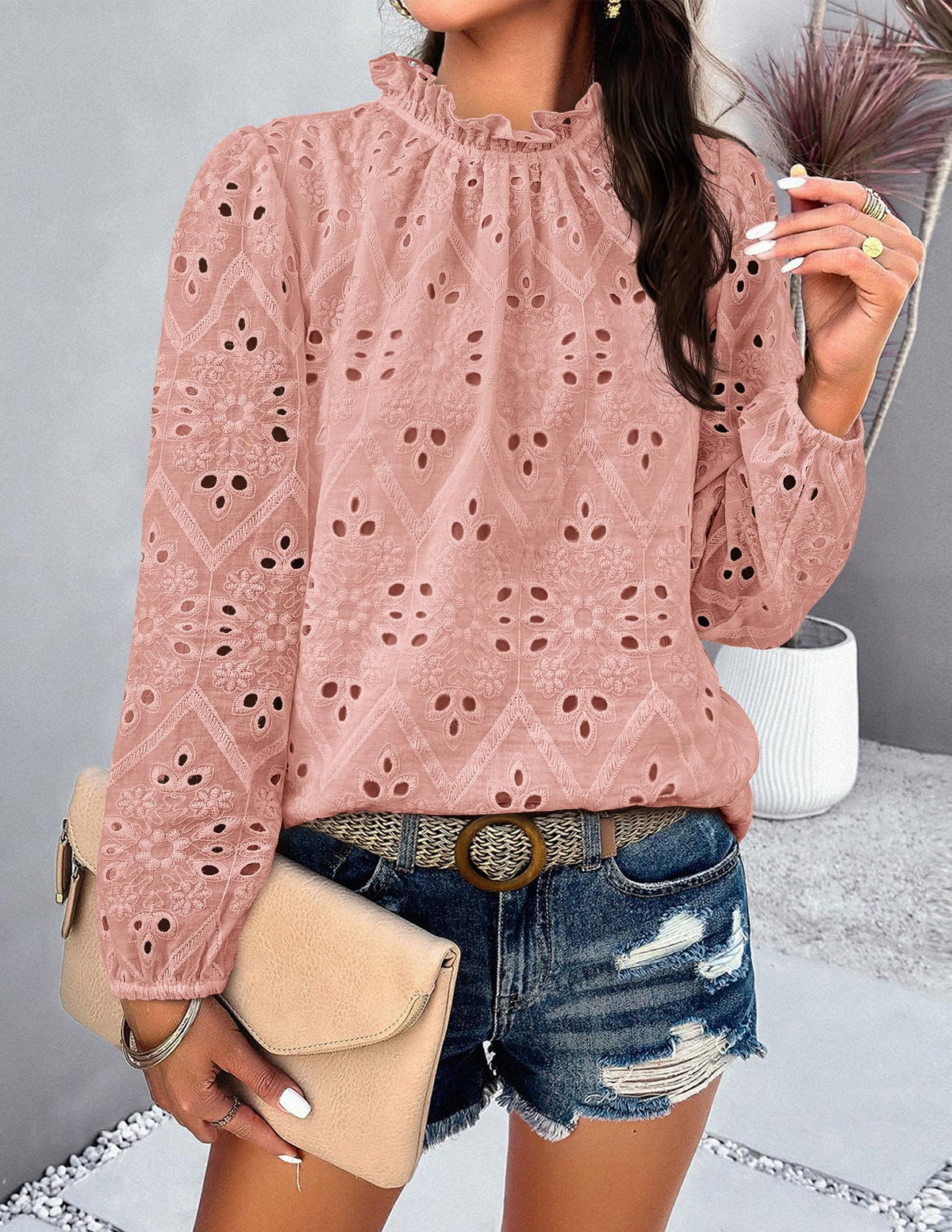 Womens Blouses Dressy Casual Embroidered Long Puff Sleeve Shirts Ruffle Eyelet Lace Top Fall Clothes