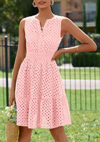 PRETTYGARDEN Women's Summer Dresses Sleeveless V Neck Eyelet Hollow Out Swing A Line Beach Vacation Sun Dress PRETTYGARDEN