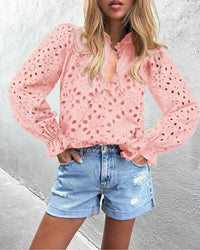 Women's Dressy Casual Blouse Tops Puff Long Sleeve Button V Neck Hollow Out Lace Embroidered Pullover Shirts