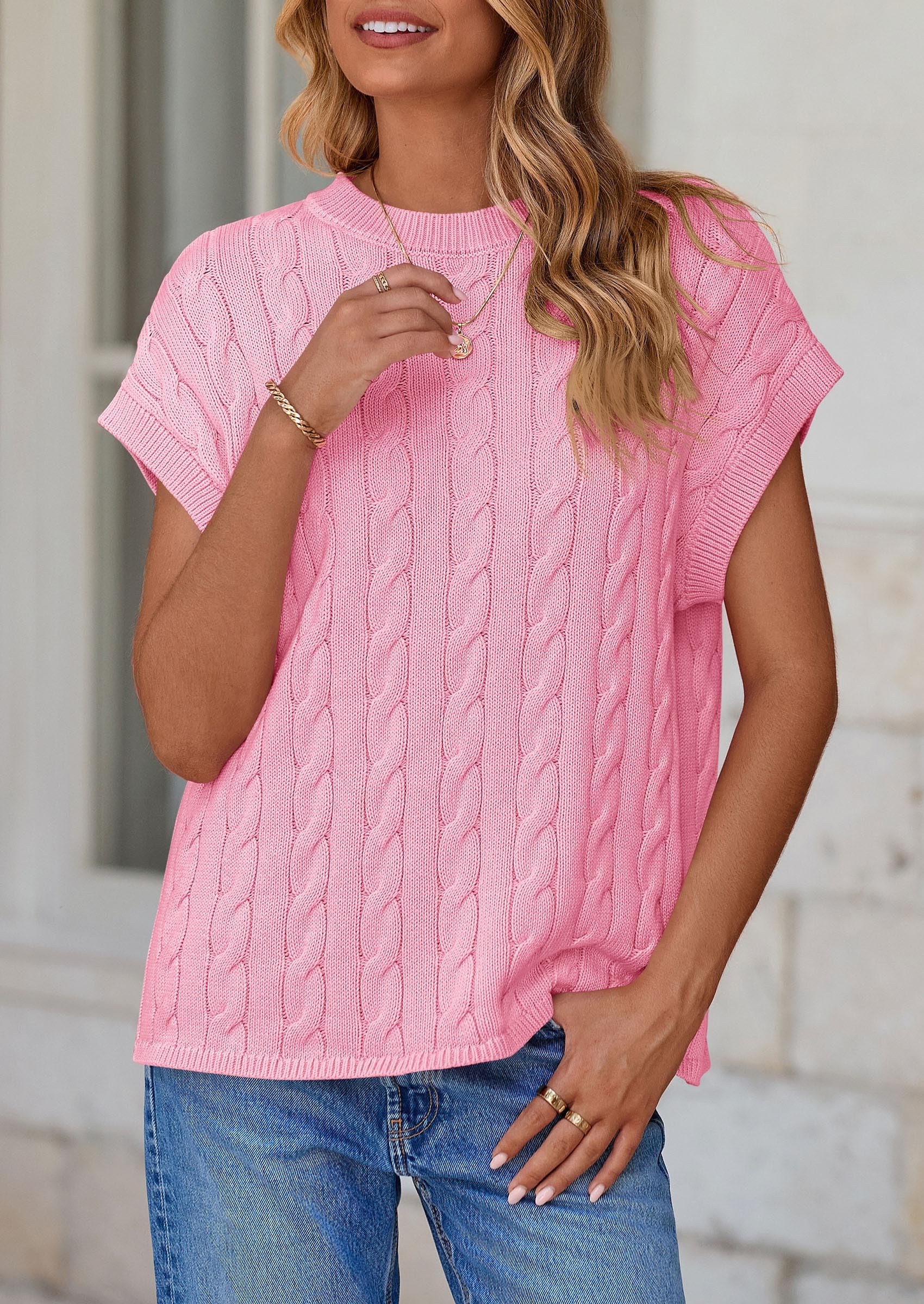 PRETTYGARDEN Women's Sweater Vest Summer Short Sleeve Tops Casual Crewneck Knit Oversized Pullover Trendy Spring Outfits