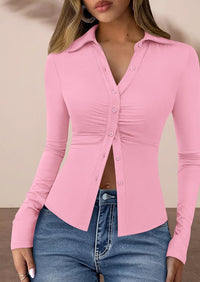 PRETTYGARDEN Womens Button Down Shirts V Neck Collared Ruched Slim Fit Long Sleeve Shirt Casual Fall Fashion Ladies Tops PRETTYGARDEN