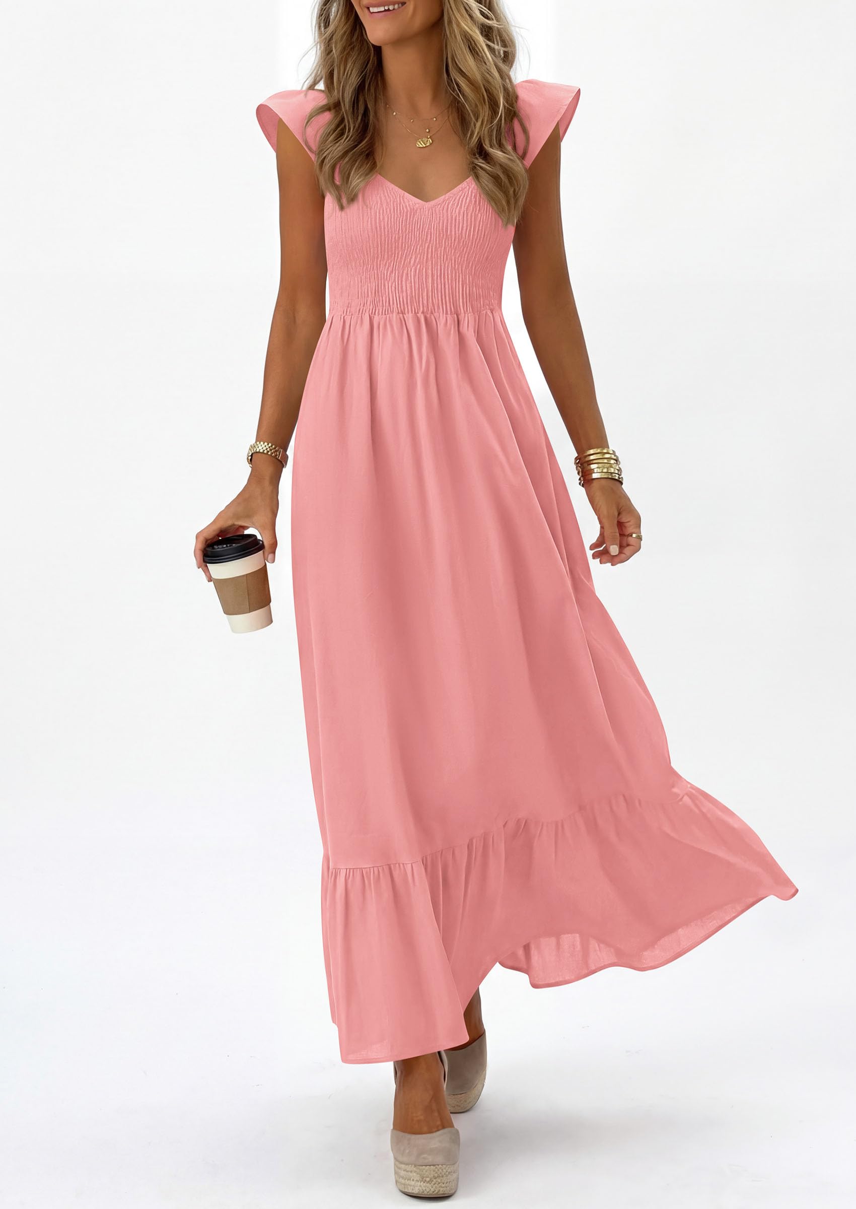 PRETTYGARDEN Women's Summer Casual Maxi Dresses Cap Sleeve V Neck Smocked Long Pockets Party Sundress Vacation Outfits PRETTYGARDEN