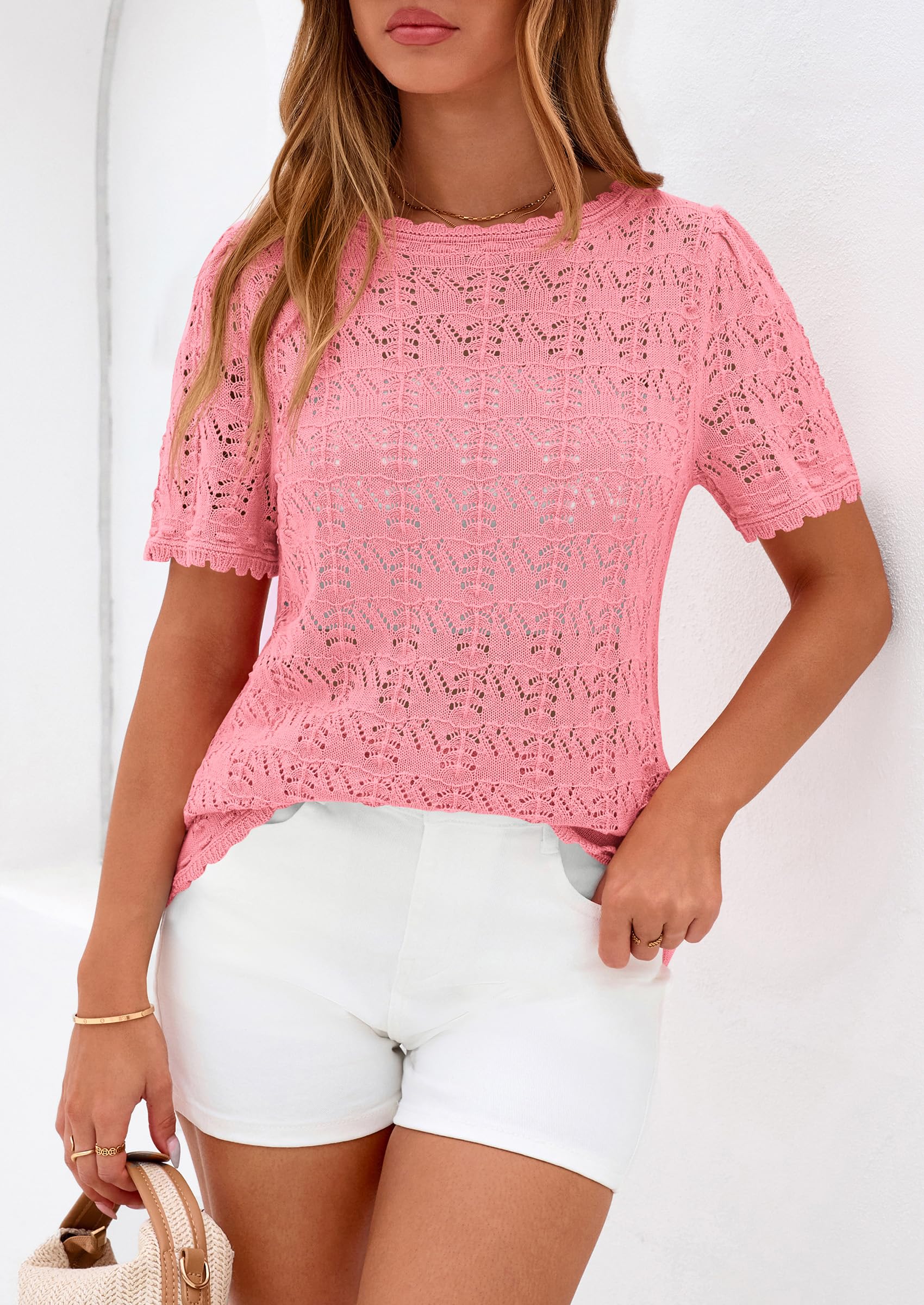 PRETTYGARDEN Women's Short Sleeve Sweater Trendy Crochet Summer Tops Casual Hollow Out Shirts Beach Vacation Clothes PRETTYGARDEN