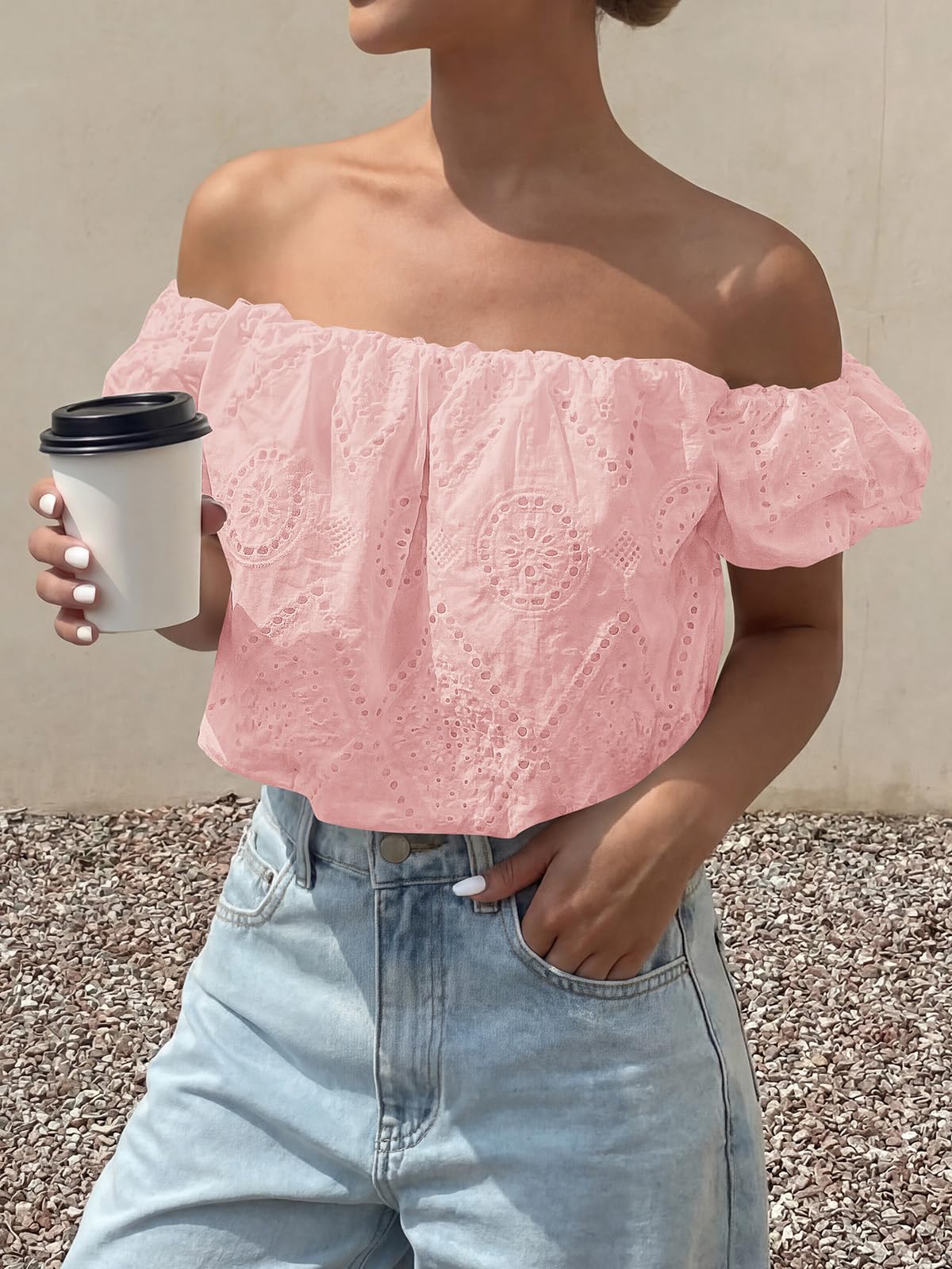 PRETTYGARDEN Women's Summer Off The Shoulder Tops Dressy Casual Puff Short Sleeve Embroidered Eyelet Cute Blouse Shirts PRETTYGARDEN