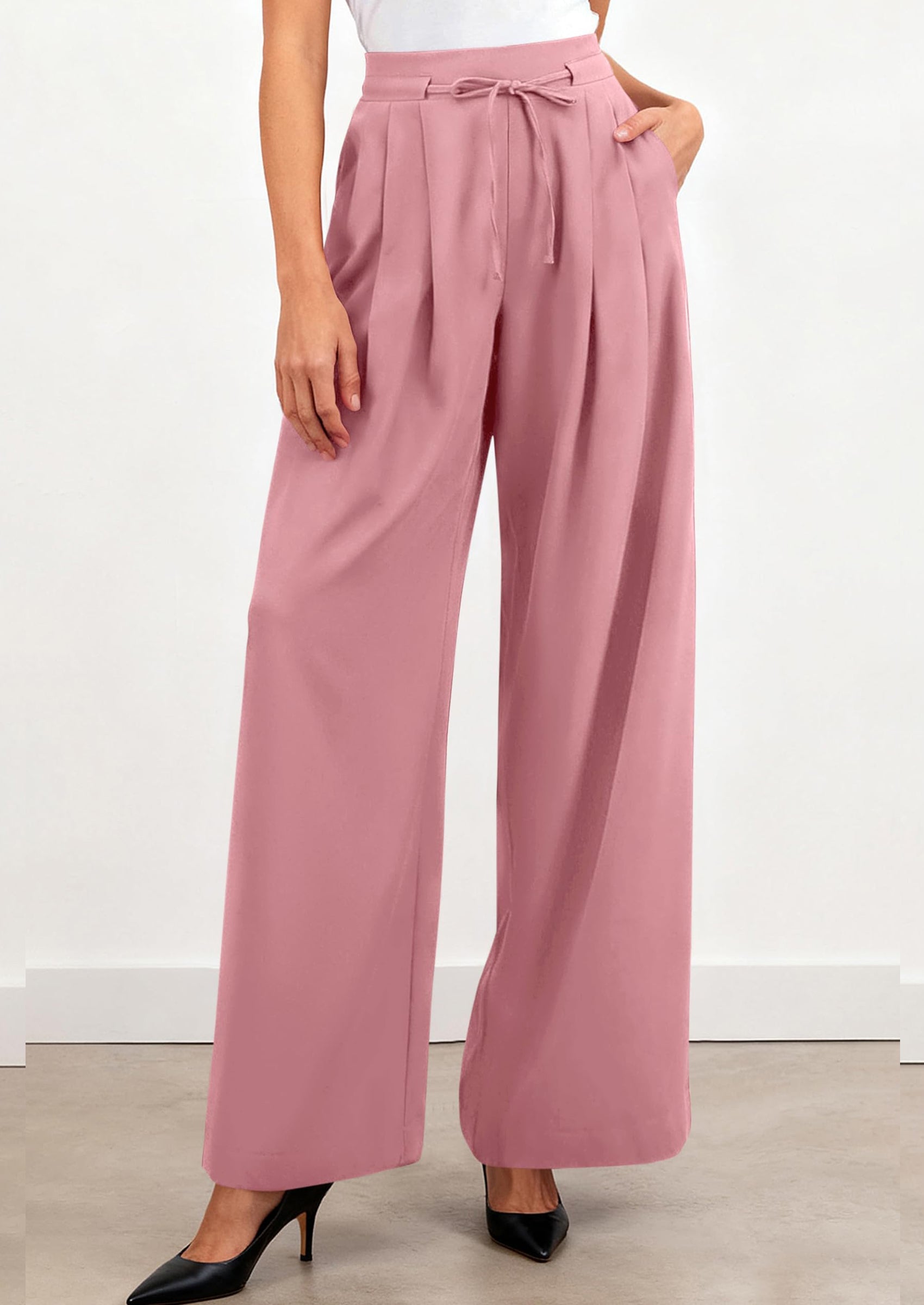 PRETTYGARDEN Women Wide Leg Pants Business Casual Elastic Waist Work Trousers Dressy Pants with Pockets PRETTYGARDEN