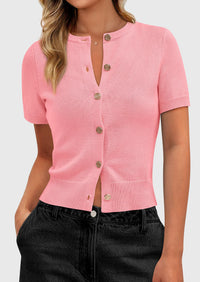 PRETTYGARDEN Womens Casual Summer Short Sleeve Cardigans Button Down Knitted Sweater Basic Crew Neck Crop Tops