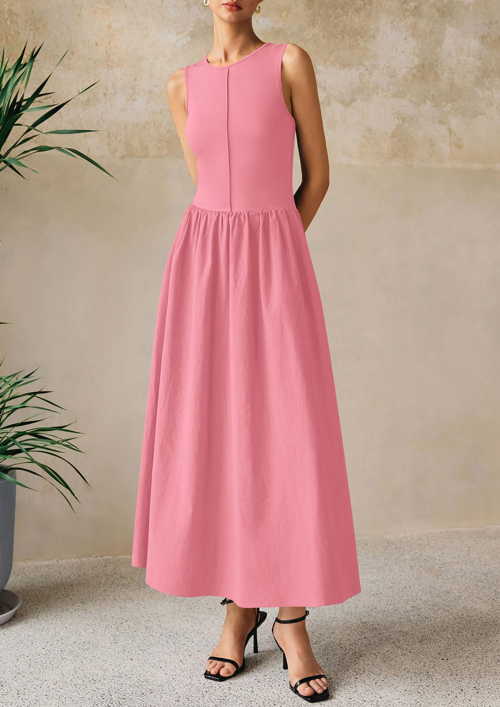 PRETTYGARDEN Women Maxi Dresses Casual Sleeveless Patchwork Knit Tank Dress Flowy Beach Sundress Long Dress