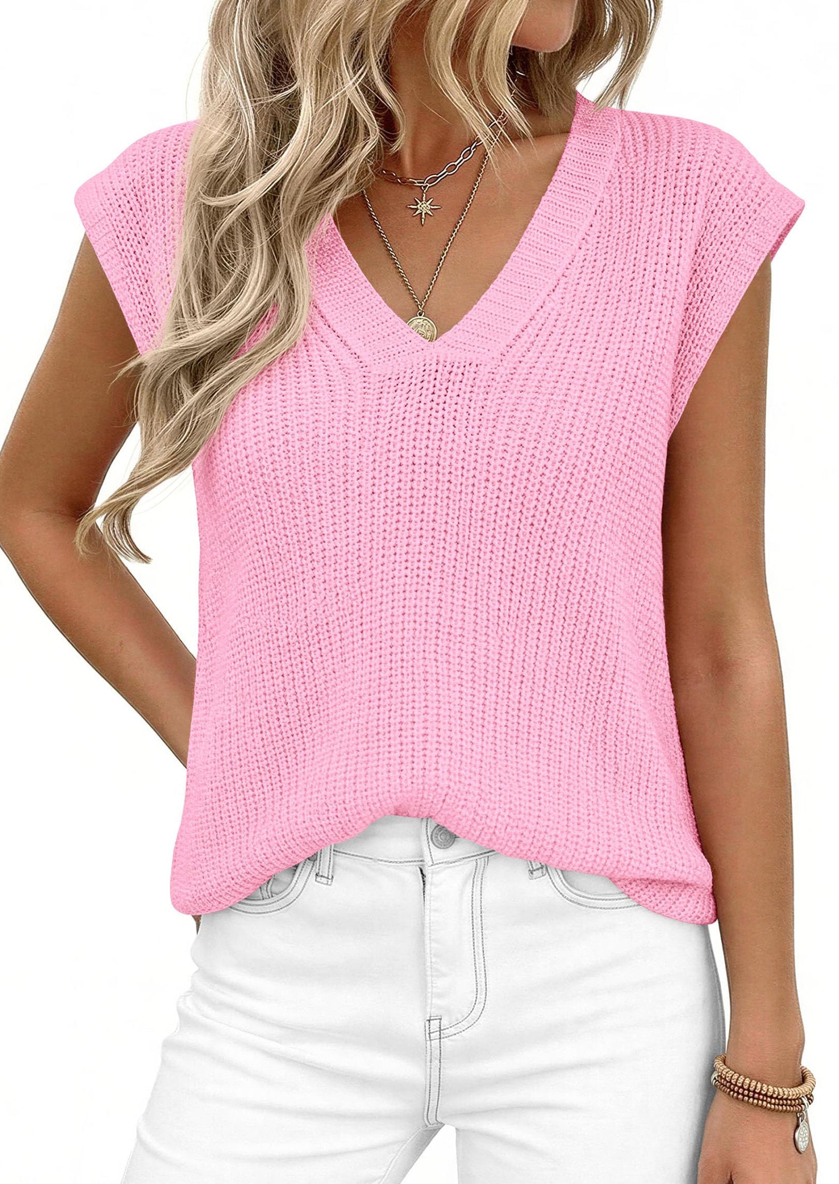 PRETTYGARDEN Women's Lightweight Sweaters Vest Spring Trendy Cap Sleeve V Neck Knit Tank Tops Summer Going Out Outfits PRETTYGARDEN