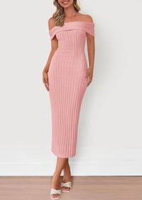 Women's Off The Shoulder Sweater Dresses 2025 Summer Elegant Ribbed Knit Midi Bodycon Wedding Guest Dress