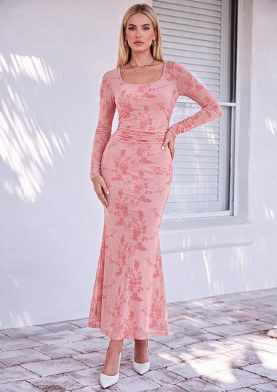 PRETTYGARDEN Women's Long Sleeve Floral Maxi Bodycon Dress  Cocktail Dresses for Wedding Guest, Square Neck, Stretchy Mesh, Elegant Classy, Formal Holiday Party, Fall Date Night Outfits