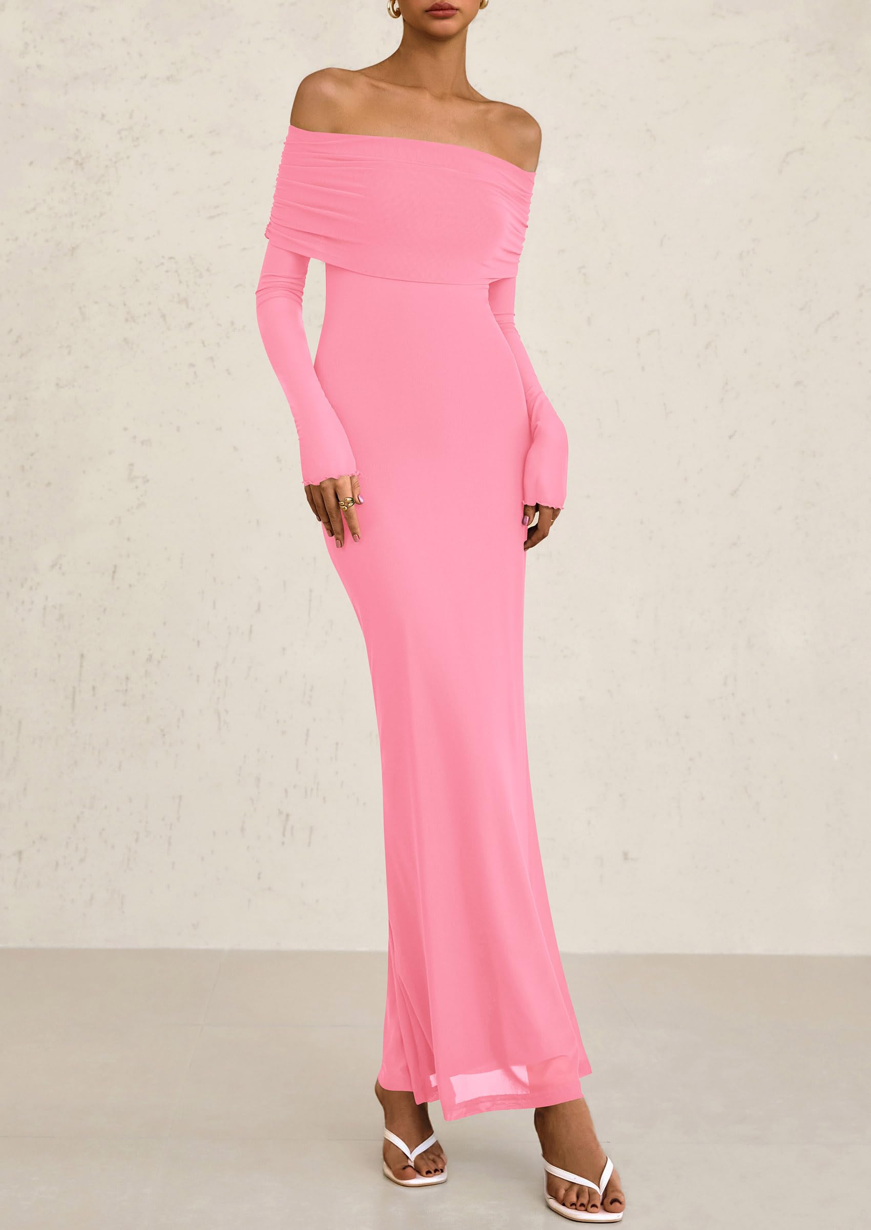 PRETTYGARDEN Off The Shoulder Dresses for Women Mesh Long Sleeve Baby Shower Formal Wedding Guest Dress