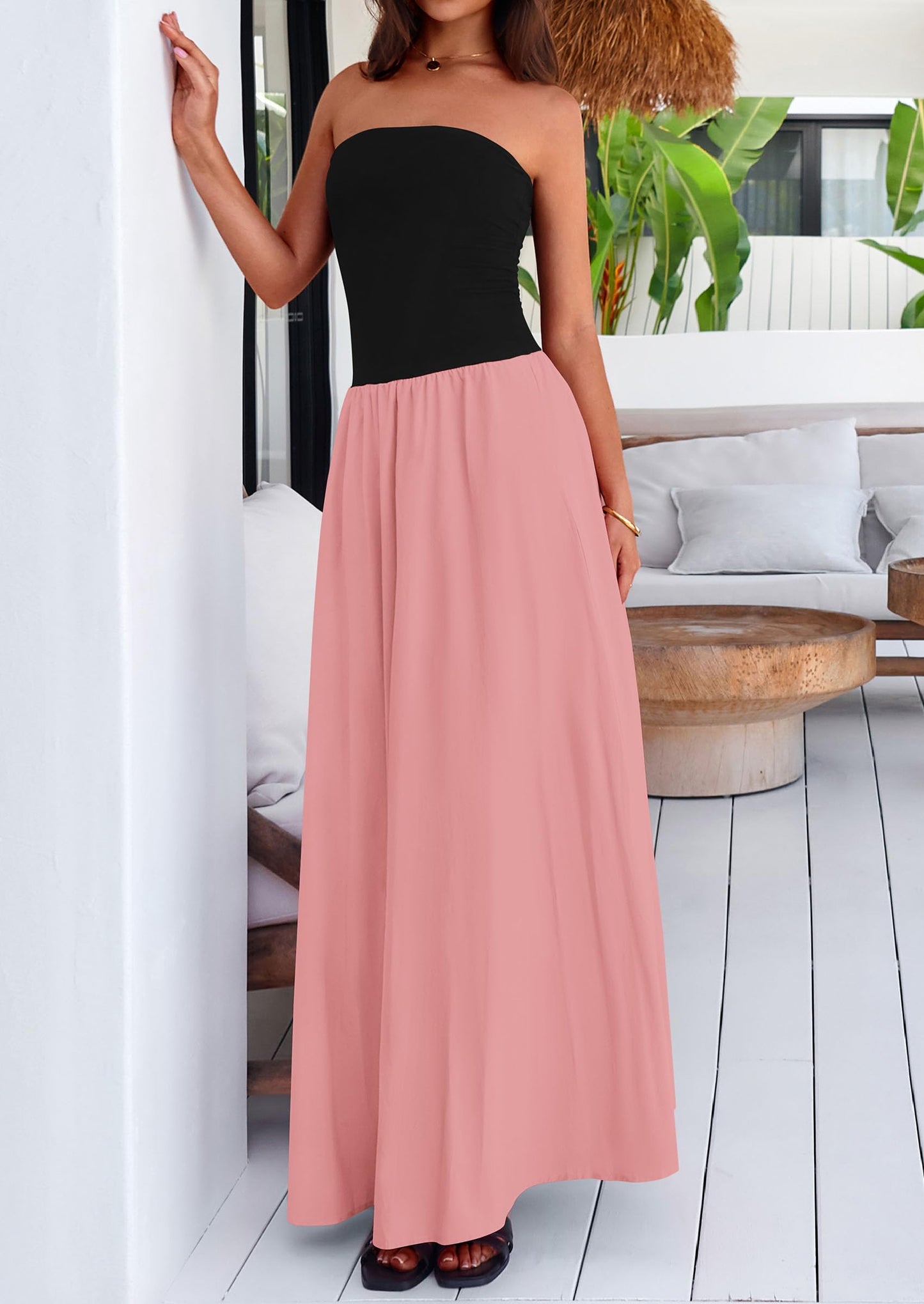 Women's 2025 Summer Strapless Maxi Dresses Patchwork Long Flowy Elegant Going Out Tube Top Dress with Pockets