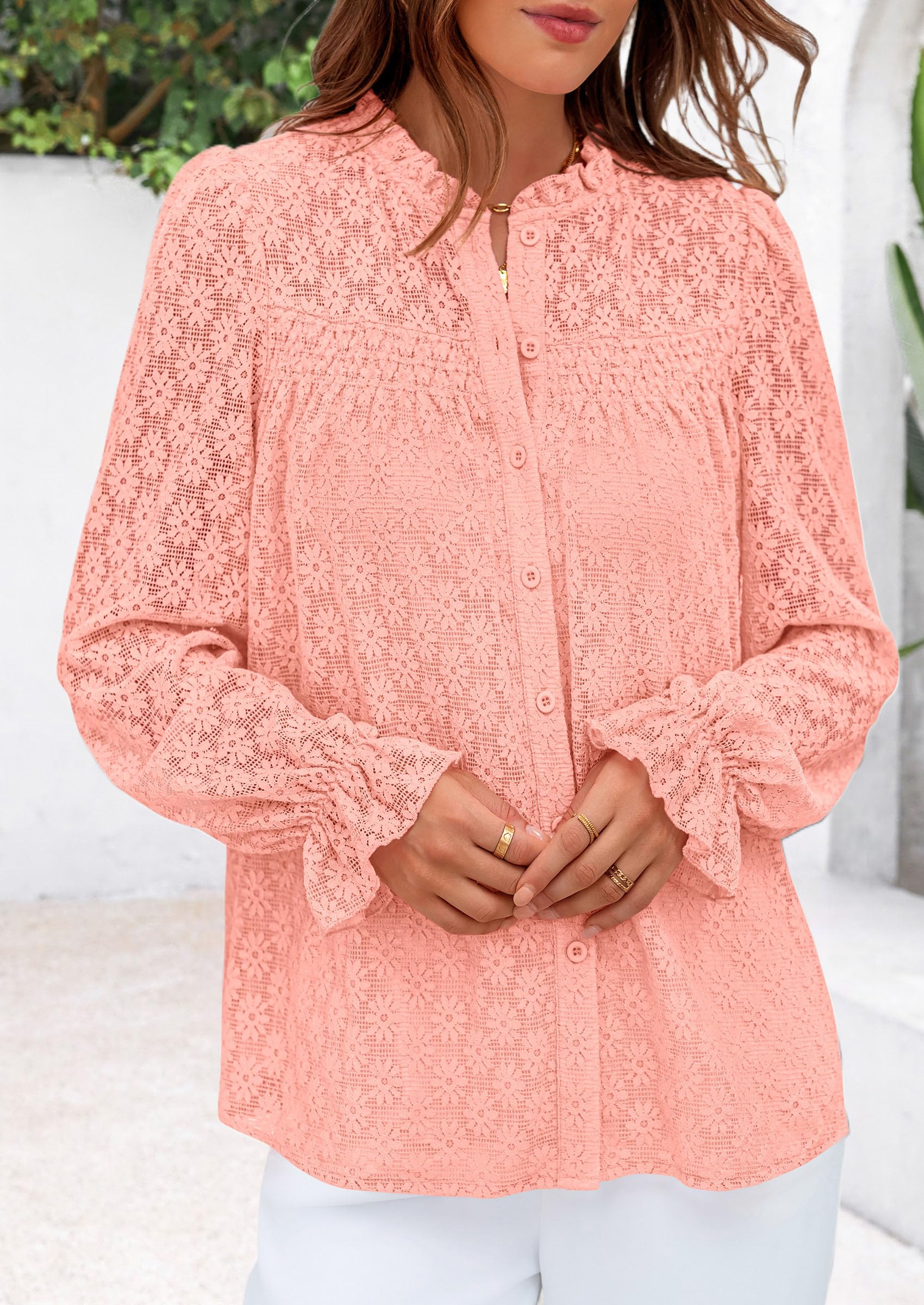 PRETTYGARDEN Lace Long Sleeve Tops for Women Eyelet Blouses Dressy Casual Hollow Out Button Down Shirts Summer Outfits