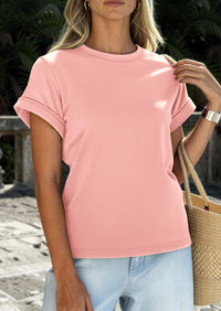 PRETTYGARDEN Womens Summer Tops Spring Casual Rolled Short Sleeve Basic Tees Crew Neck Work Shirts Fashion Clothing PRETTYGARDEN