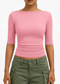 PRETTYGARDEN Womens Summer Short Sleeve Tops Boat Neck Ribbed Knit Slim Fit T Shirt Casual Basic Top Spring Clothes PRETTYGARDEN