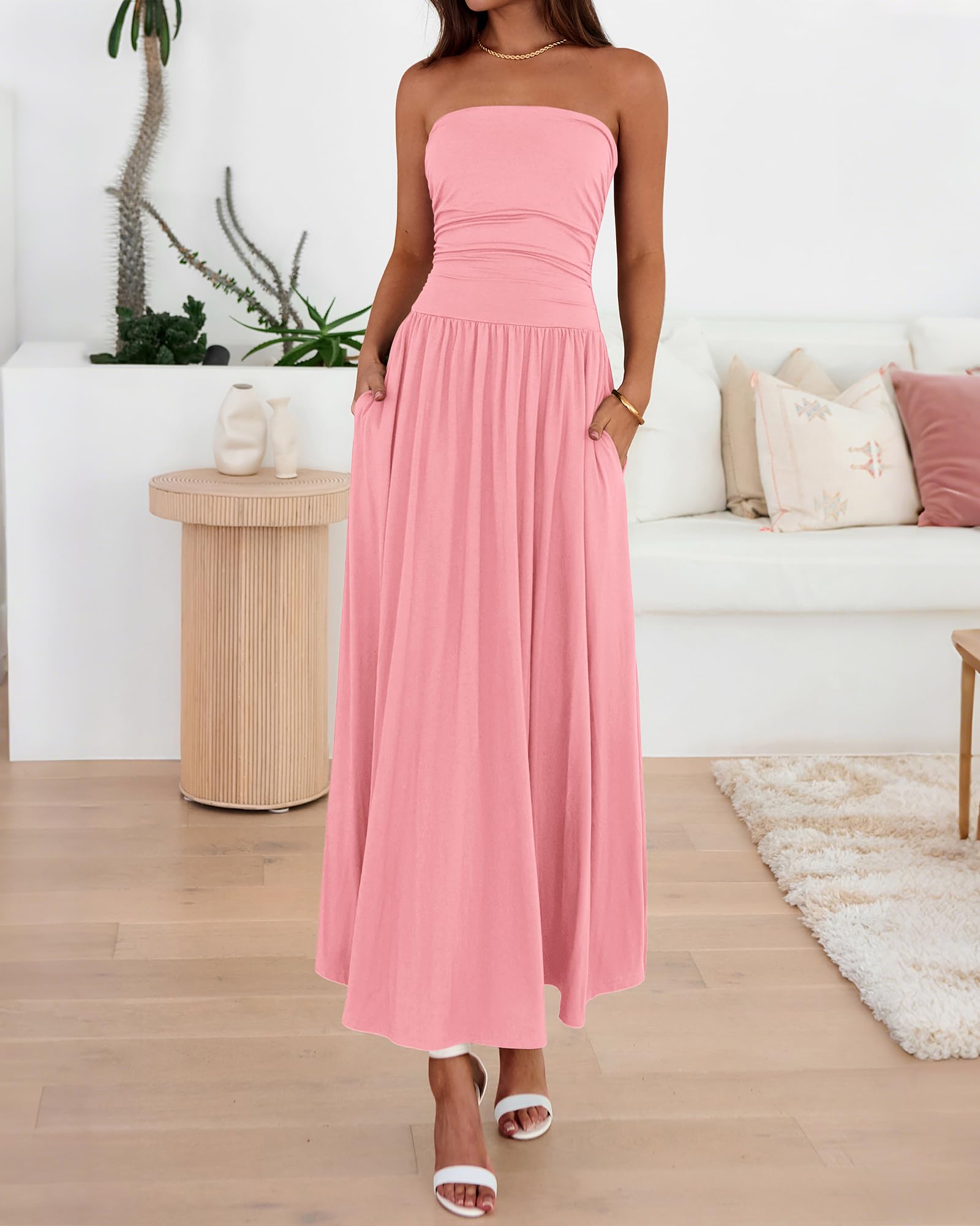 BTFBM Summer Maxi Dresses for Women Strapless Ruched Tube Top Beach Vacation Spring Wedding Guest Dress Pockets PRETTYGARDEN