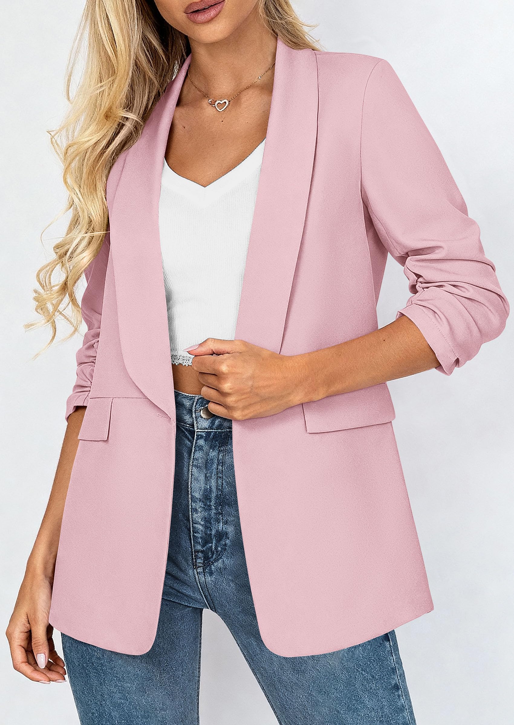 PRETTYGARDEN Women's Spring Blazers Business Casual Outfits Open Front Ruched 3/4 Sleeve Lightweight Work Suits Jackets PRETTYGARDEN