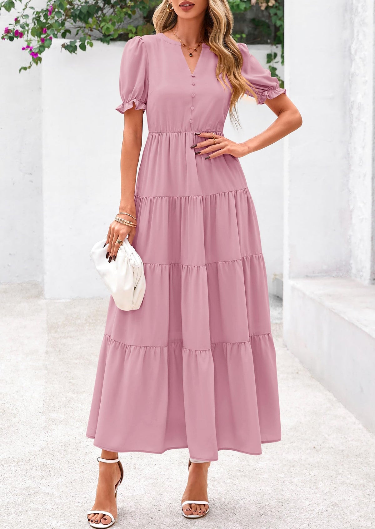 Women's Casual Summer Maxi Dress 2025 Spring Short Sleeve V Neck Tiered Flowy Beach Vacation Dress with Pockets