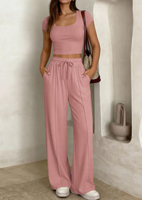 PRETTYGARDEN Women's 2 Piece Matching Lounge Sets Ribbed Short Sleeve Crop Tops Wide Leg Pants Summer Airport Outfits PRETTYGARDEN