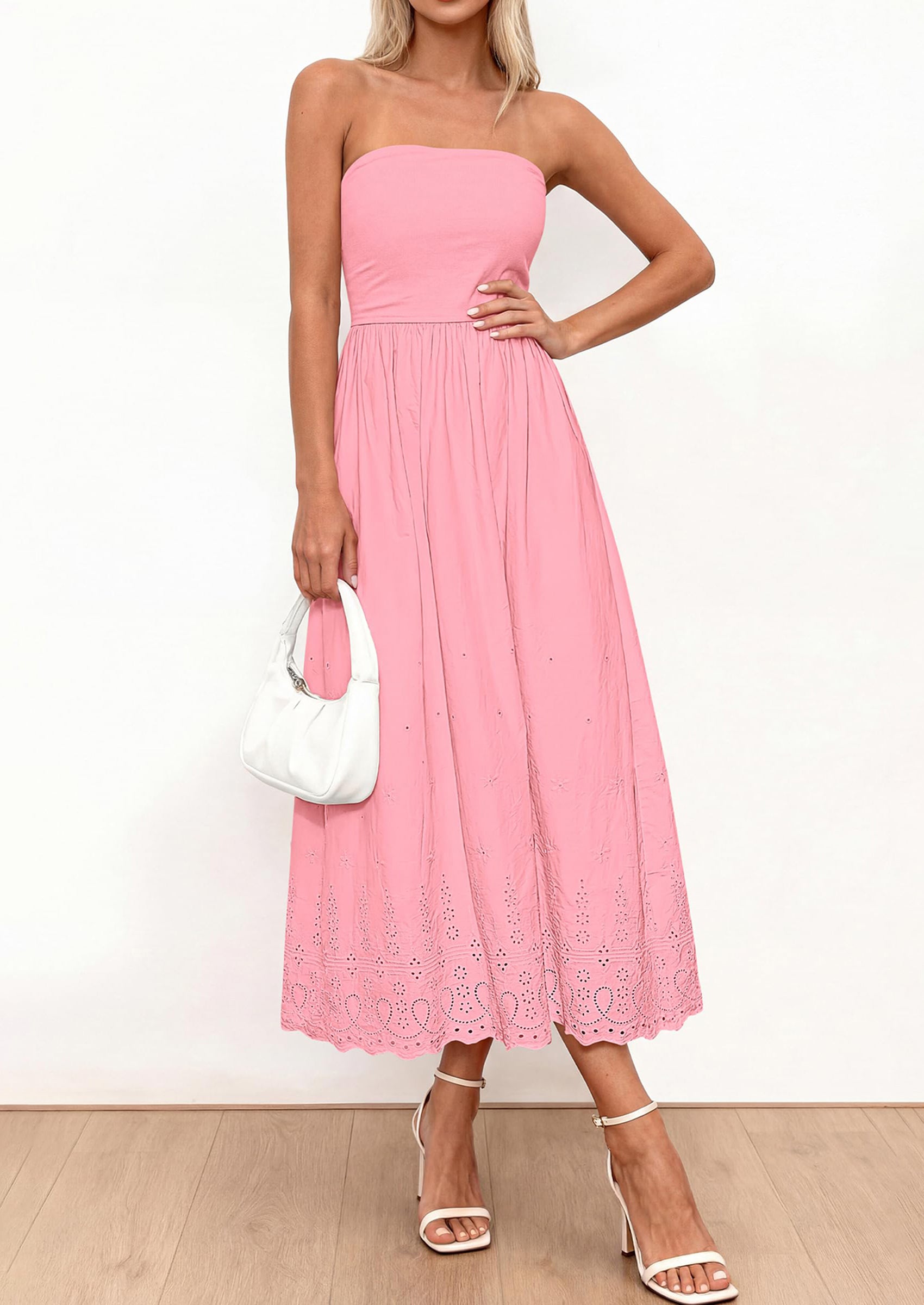 PRETTYGARDEN Womens Summer Dresses Sexy Sleeveless Tube Top Long Dress Eyelet Cotton Maxi Beach Sundress Pockets