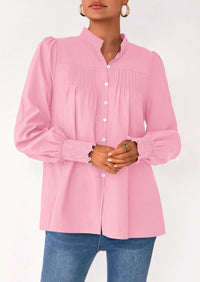 PRETTYGARDEN Womens Fall Lantern Long Sleeve Shirts Trendy Button V Neck Pleated Henley Tops Loose Work Blouses