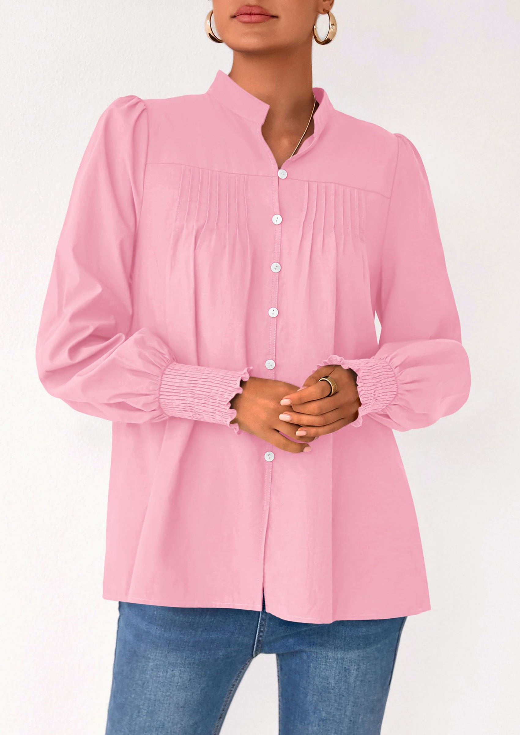 PRETTYGARDEN Womens Fall Lantern Long Sleeve Shirts Trendy Button V Neck Pleated Henley Tops Loose Work Blouses