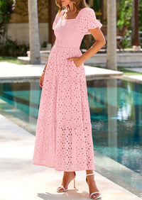 PRETTYGARDEN Dresses for Women Eyelet Square Neck Puff Sleeve Smocked Wedding Guest Maxi Dress with Pockets