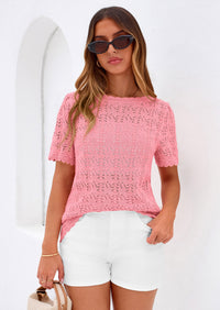 PRETTYGARDEN Women's Short Sleeve Sweater Trendy Crochet Summer Tops Casual Hollow Out Shirts Beach Vacation Clothes PRETTYGARDEN