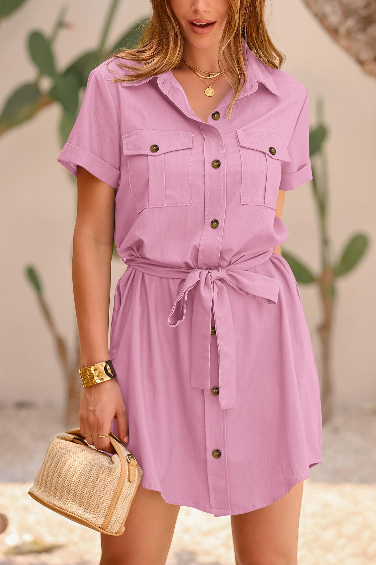 Casual Summer Short Sleeve Button Down V Neck Collared Belted Pocket Dresses