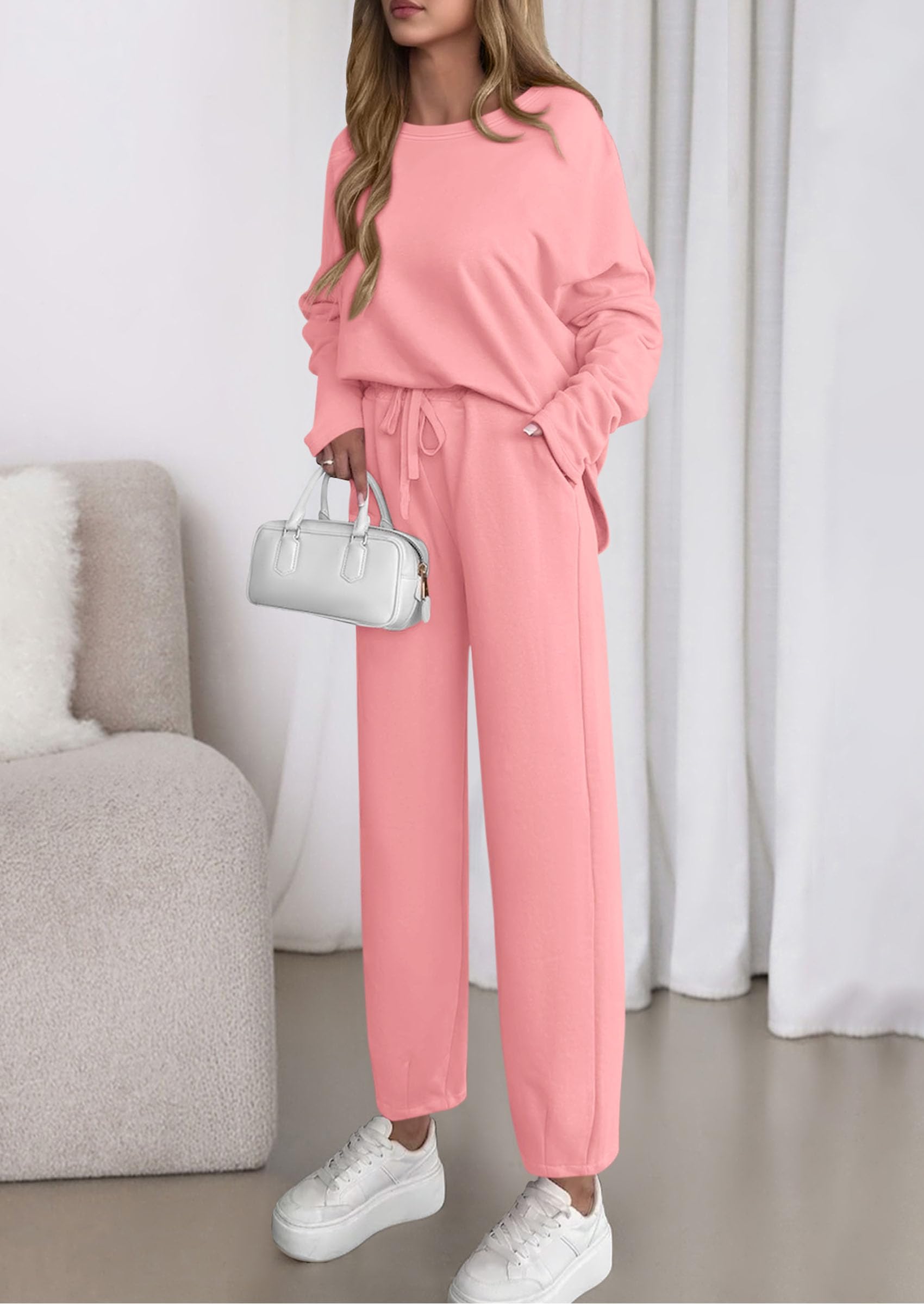PRETTYGARDEN Womens 2 Piece Matching Lounge Sets Fall Long Sleeve Boatneck Sweatsuit Drawstring Sweatpants Pockets