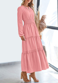 PRETTYGARDEN Women's Elegant Maxi Dresses Long Sleeve V Neck Flowy Pockets Casual Modest Dress Fall Fashion Clothes