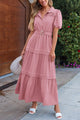 Summer Puff Short Sleeve Lapel V Neck Tiered A Line Flowy Party Dresses With Belt