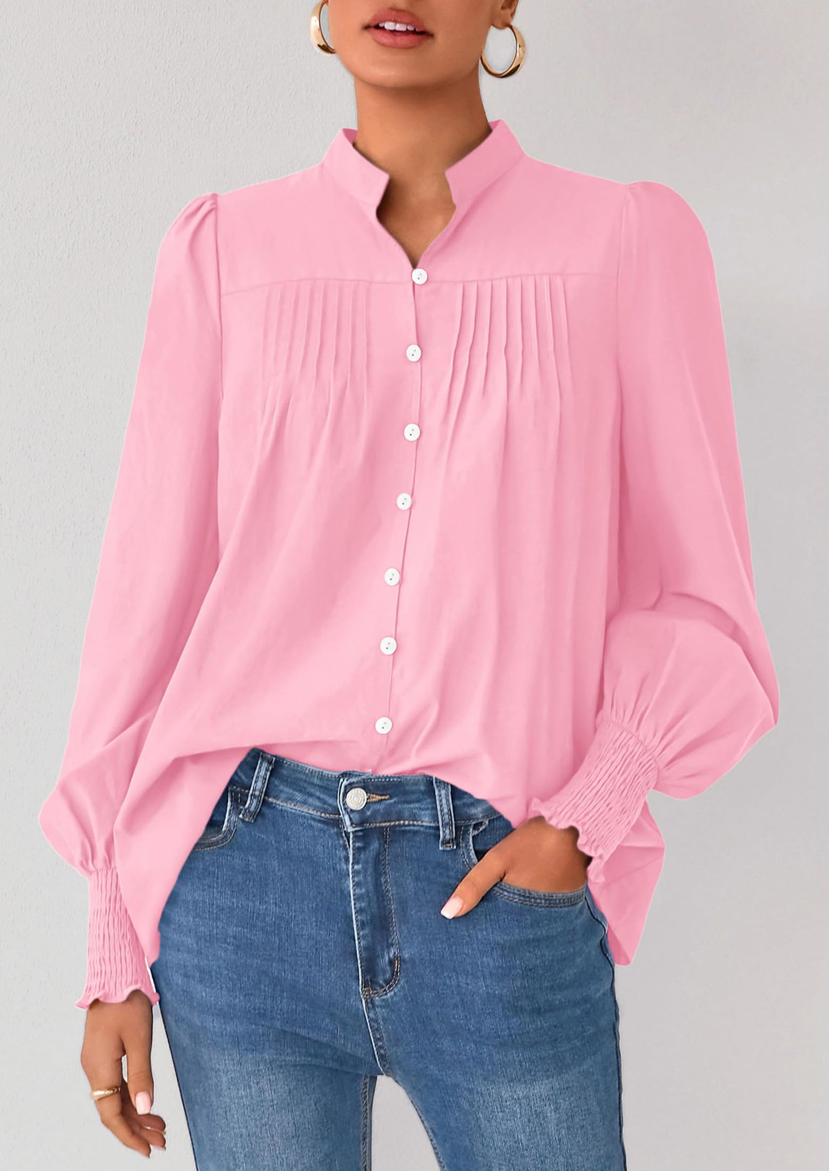 PRETTYGARDEN Womens Fall Lantern Long Sleeve Shirts Trendy Button V Neck Pleated Henley Tops Loose Work Blouses