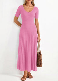 PRETTYGARDEN Women's Spring Midi Sweater Dresses Elegant Pleated Ribbed Knit Short Sleeve V Neck A Line Summer Outfits PRETTYGARDEN