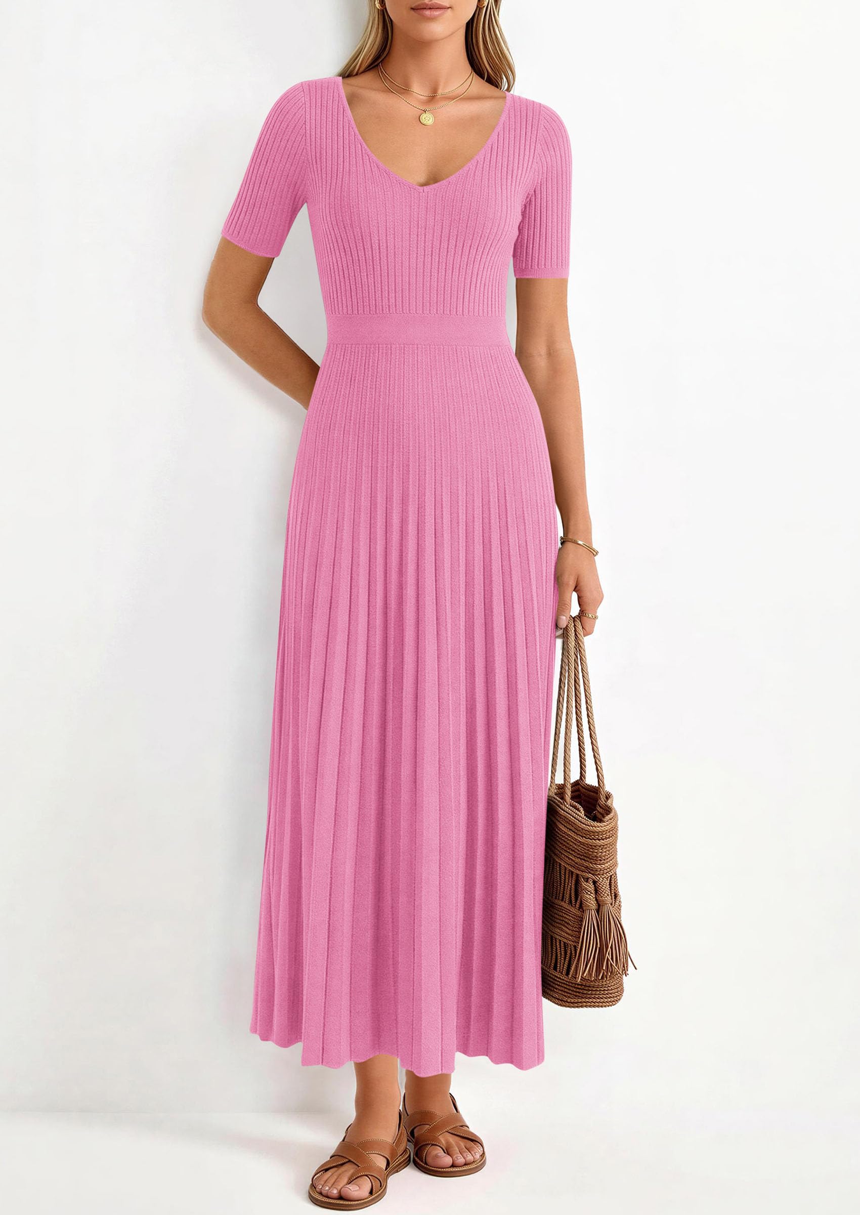 PRETTYGARDEN Women's Spring Midi Sweater Dresses Elegant Pleated Ribbed Knit Short Sleeve V Neck A Line Summer Outfits PRETTYGARDEN