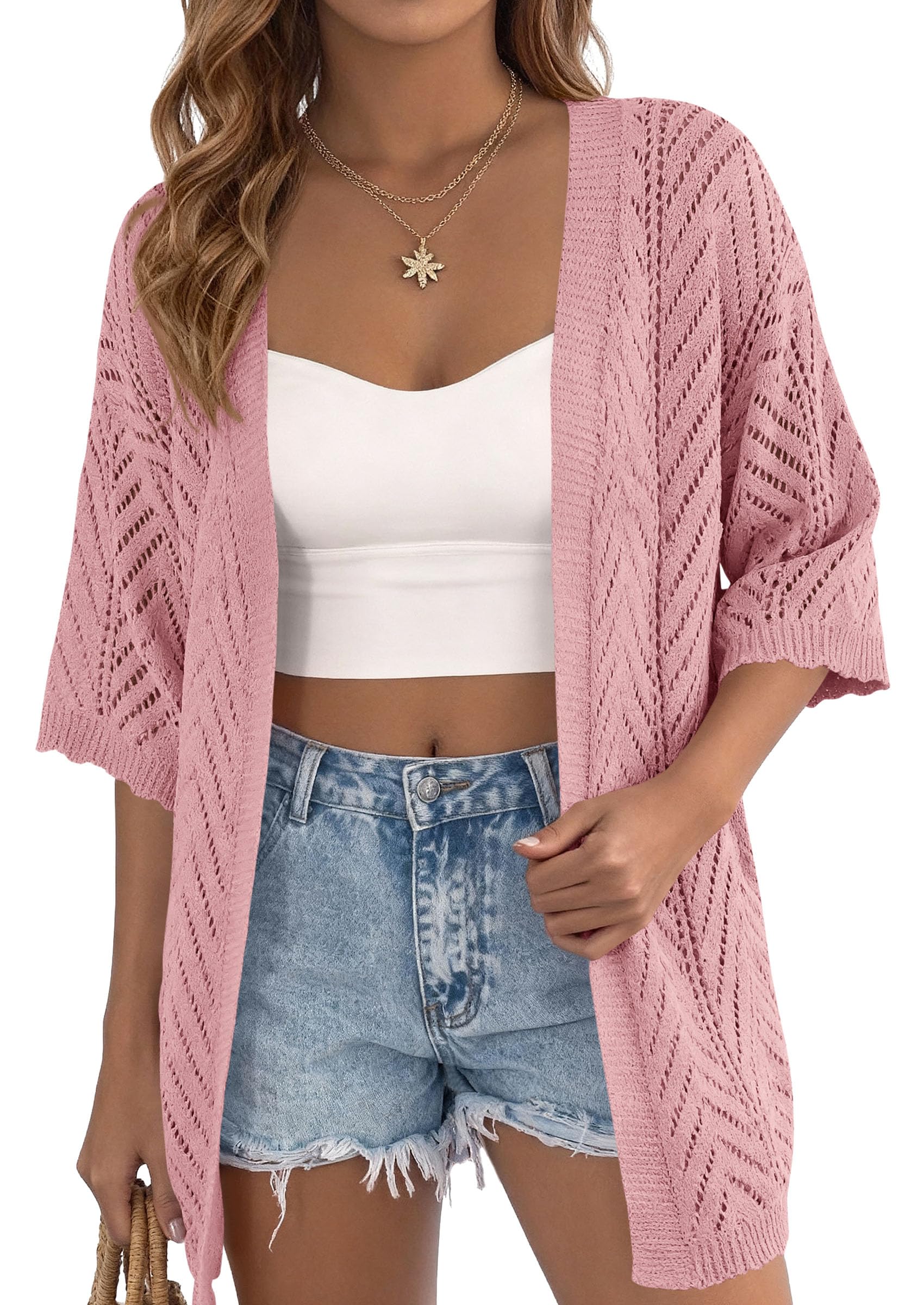 PRETTYGARDEN Summer Cardigan Sweaters for Women Lightweight  Short Sleeve Knit Coverup Spring Beach Vacation Clothes PRETTYGARDEN