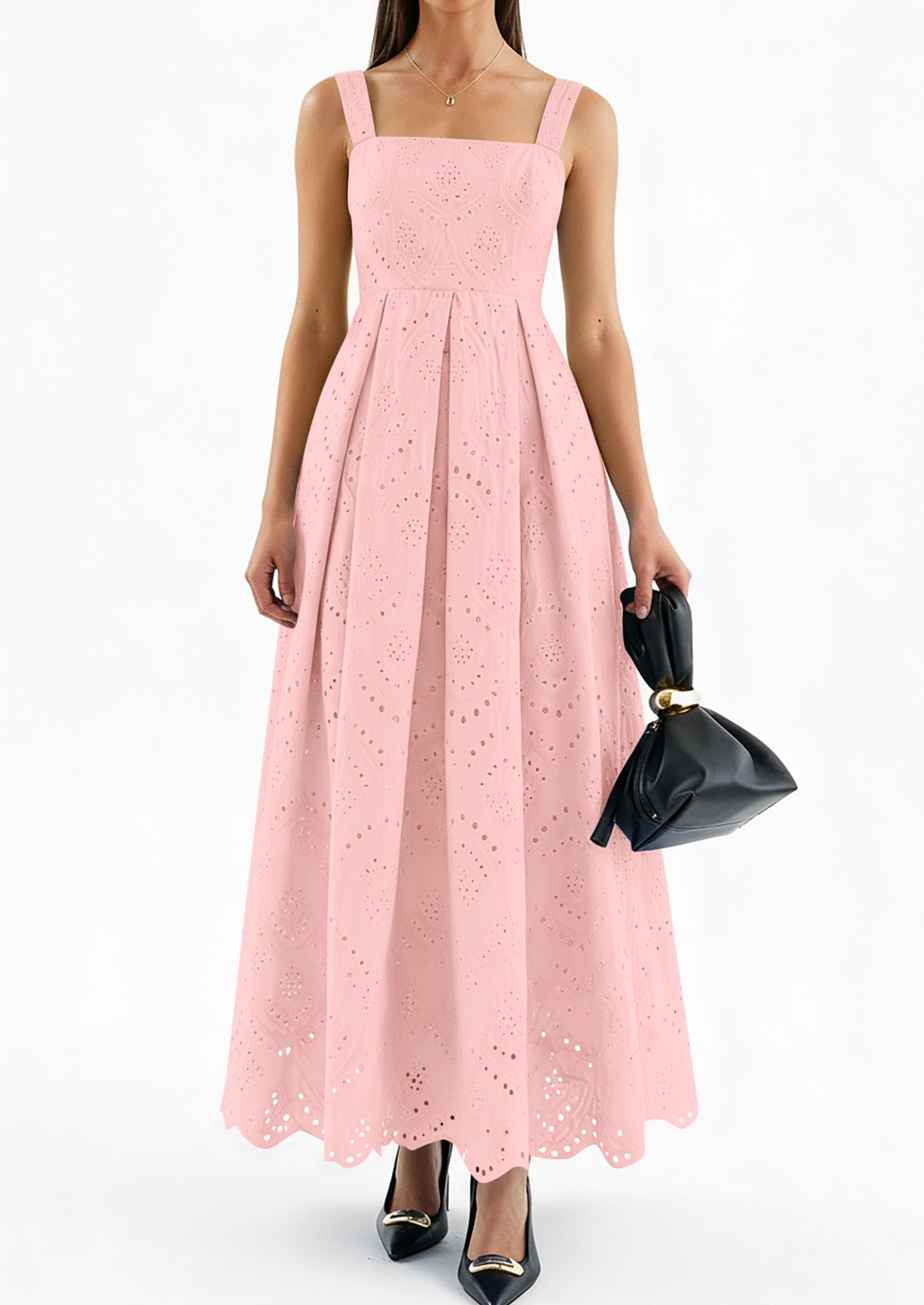 PRETTYGARDEN Womens Sleeveless Maxi Summer Dresses Hollow Out Eyelet Square Neck Ruffle Flowy Beach Vacation Sundress PRETTYGARDEN