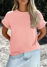 PRETTYGARDEN Womens Summer Tops Spring Casual Rolled Short Sleeve Basic Tees Crew Neck Work Shirts Fashion Clothing PRETTYGARDEN