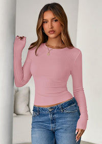 PRETTYGARDEN Womens Summer Fall Long Sleeve Shirts Ribbed Knit Fitted Basic Tee Going Out Tops Underscrub Casual Outfits