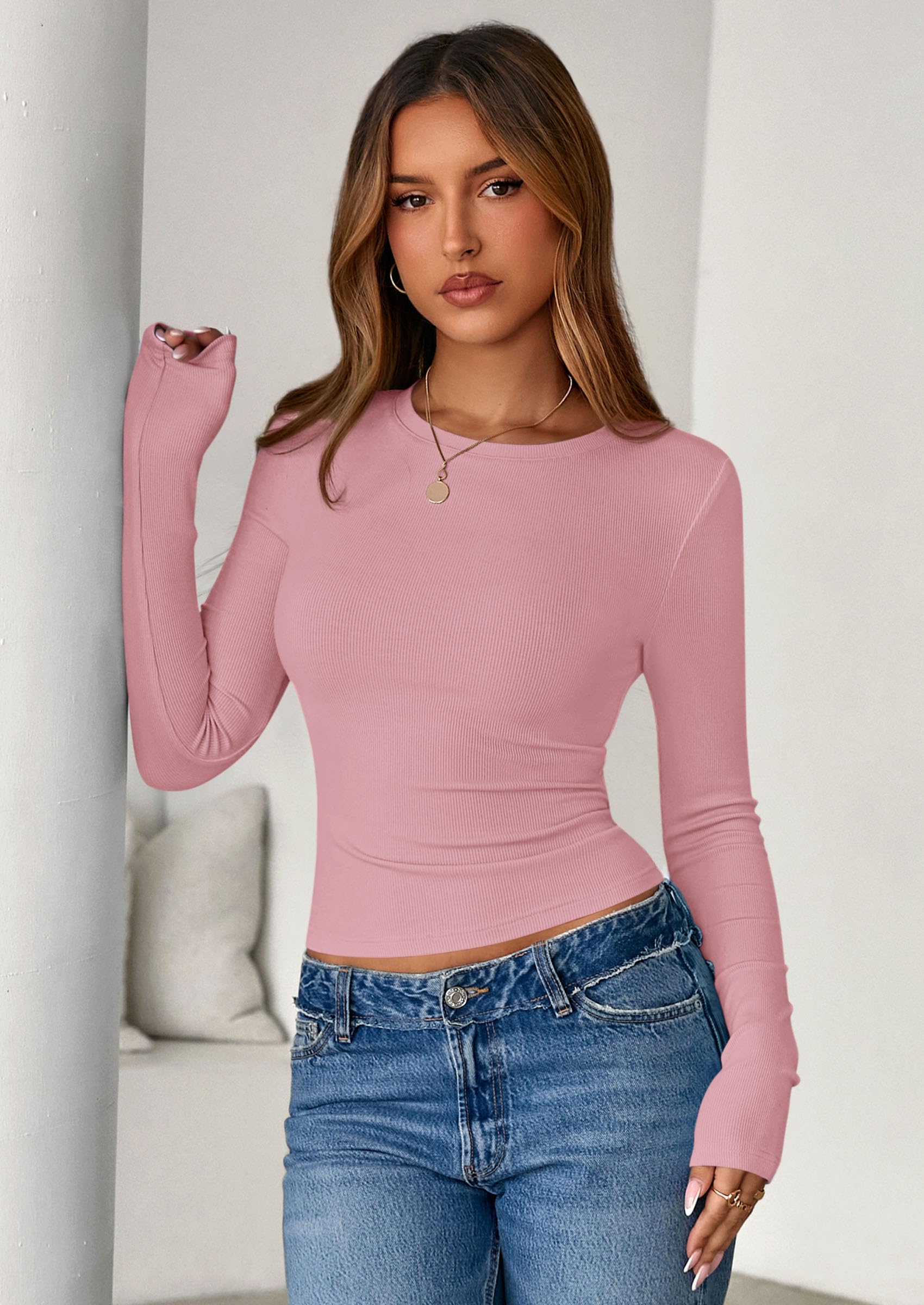 PRETTYGARDEN Womens Summer Fall Long Sleeve Shirts Ribbed Knit Fitted Basic Tee Going Out Tops Underscrub Casual Outfits