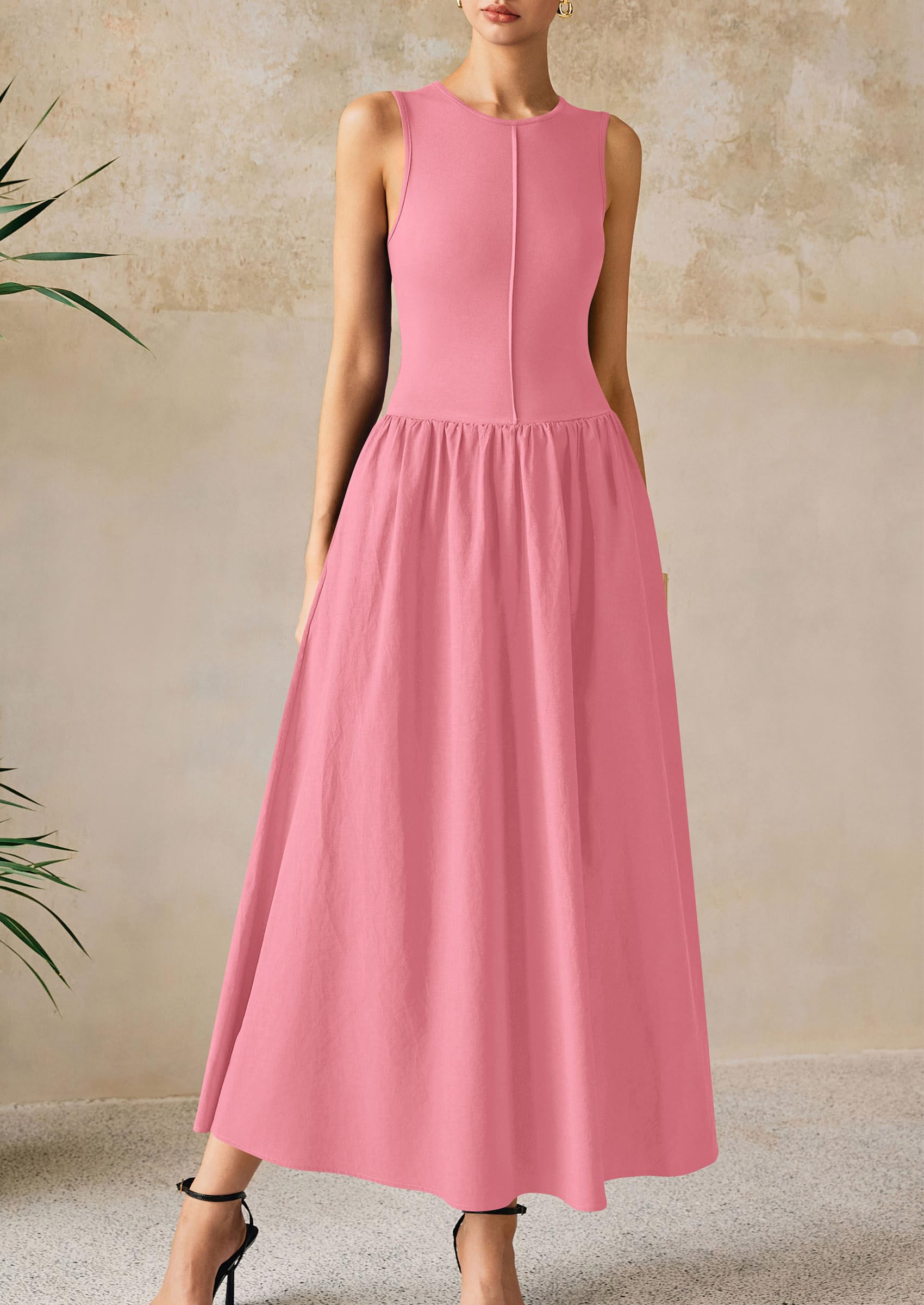 PRETTYGARDEN Women Maxi Dresses Casual Sleeveless Patchwork Knit Tank Dress Flowy Beach Sundress Long Dress