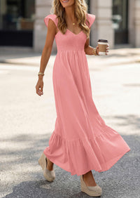 PRETTYGARDEN Women's Summer Casual Maxi Dresses Cap Sleeve V Neck Smocked Long Pockets Party Sundress Vacation Outfits PRETTYGARDEN