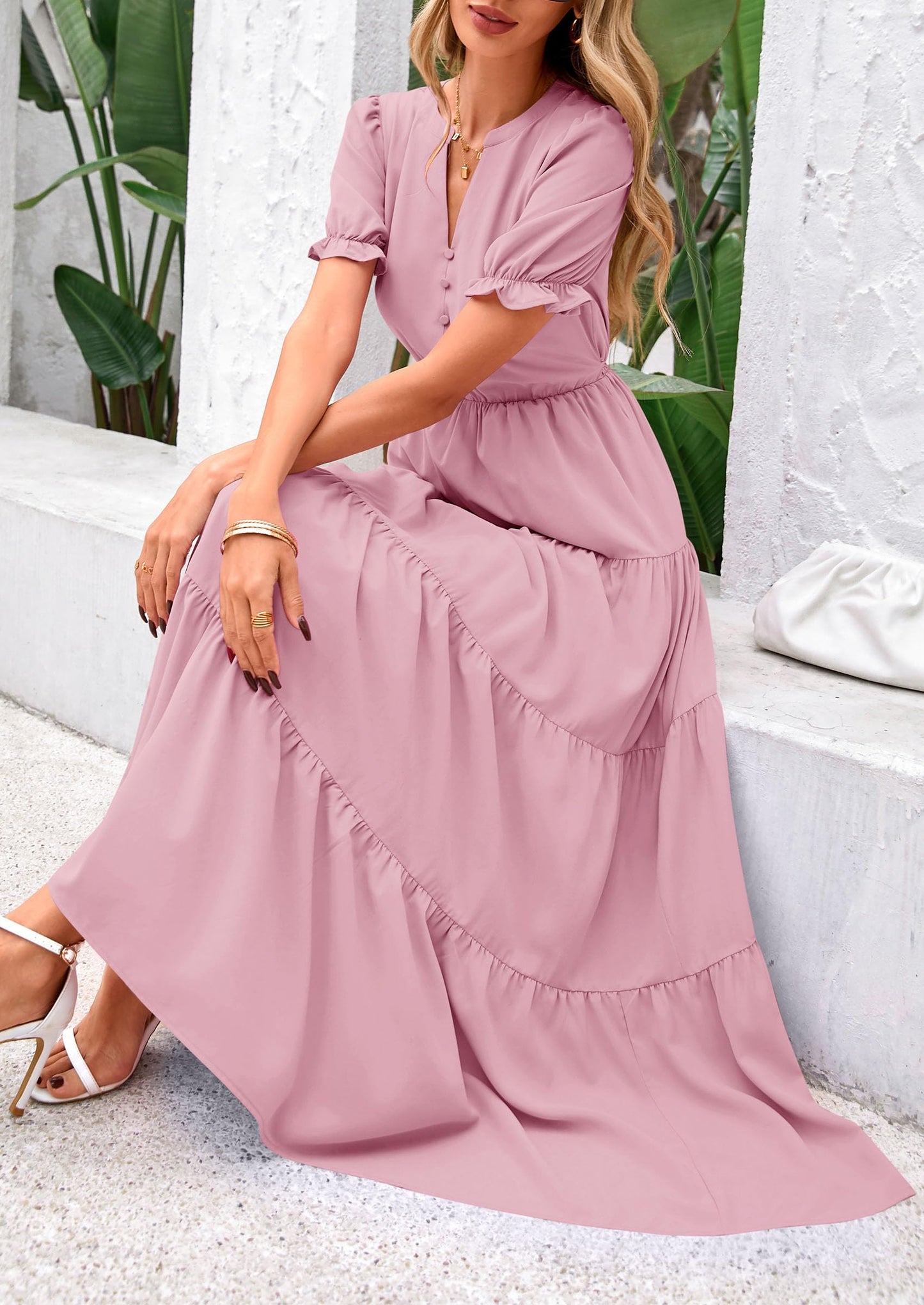 Women's Casual Summer Midi Dress 2025 Spring Short Sleeve V Neck Tiered Flowy Beach Vacation Dress with Pockets