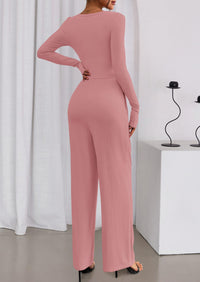 PRETTYGARDEN Jumpsuits for Women Dressy Casual Fall One Piece Outfits Long Sleeve Crew Neck Wide Leg Pants Rompers