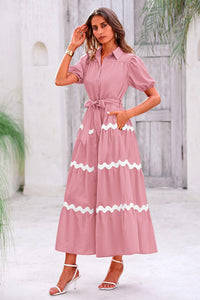 Summer Maxi Button Down Puff Short Sleeve Ruffle Long Flowy Shirt Dresses With Belt